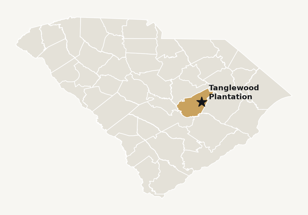 Map of South Carolina showing Tanglewood Plantation's location in Clarendon County